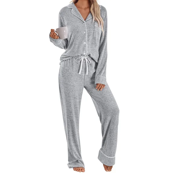 Fantaslook Womens Pajama Sets Long Sleeve Button Down Tops Drawstring Pants Sleepwear Nightwear Soft Pjs Sets with Pockets