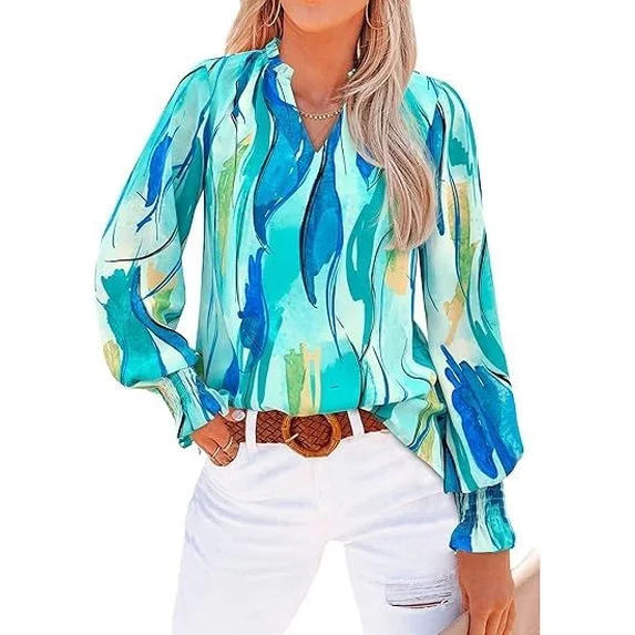 Fantaslook Floral V Neck Blouses for Women Loose Lined Flowy Shirts Trendy Smocked Cuff Long Sleeve Tops