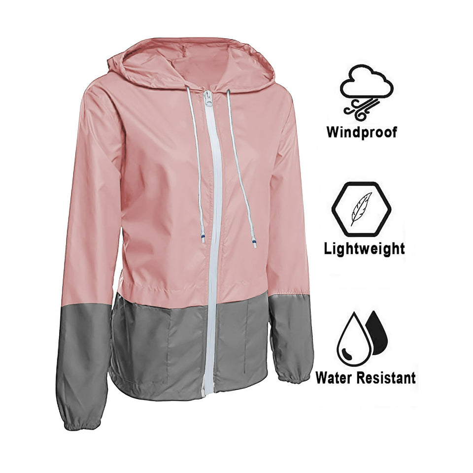 Rosvigor Womens Waterproof Raincoat Lightweight Color Block Jackets Windproof Hooded Jacket with Pockets