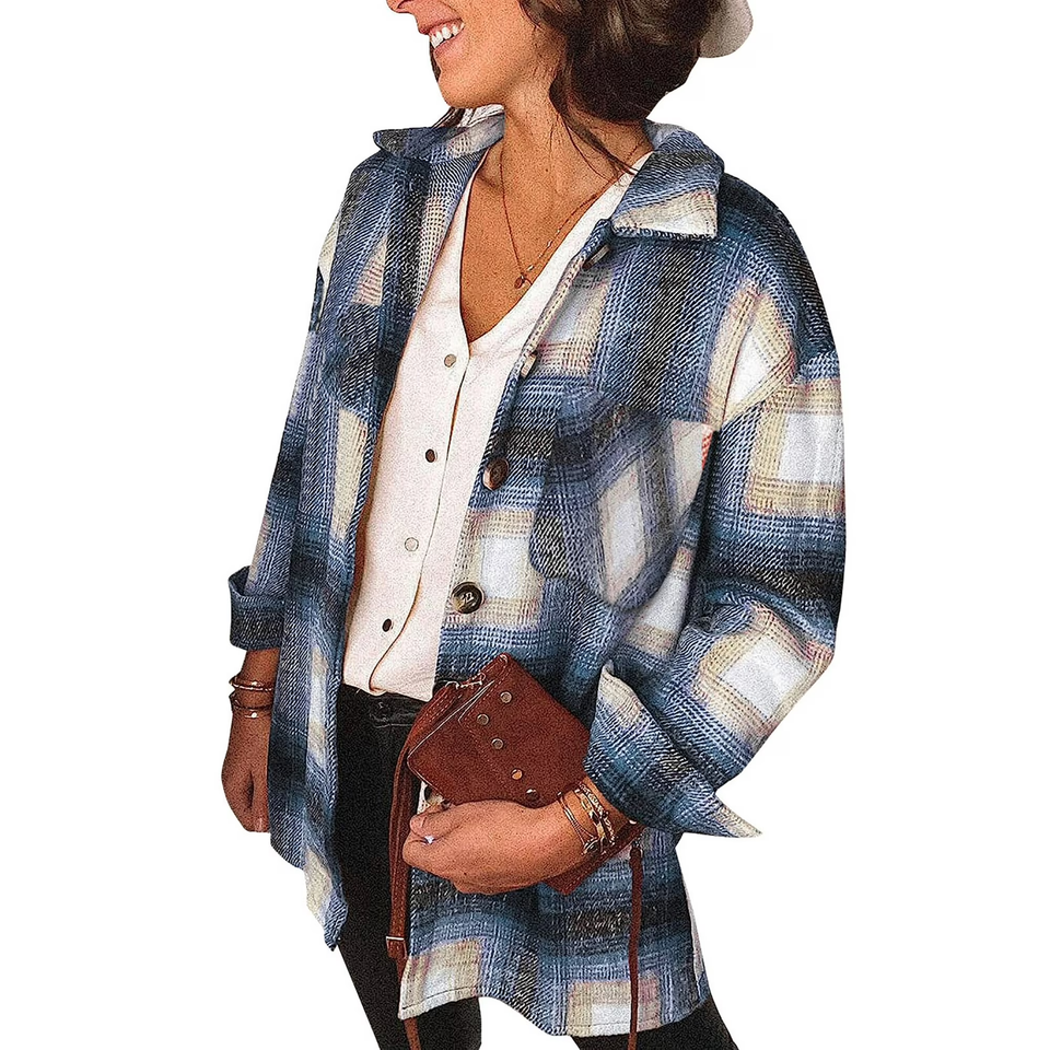 Fantaslook Womens Plaid Shirts Flannel Shacket Jacket Long Sleeve Button Down Shirts Blouses Tops