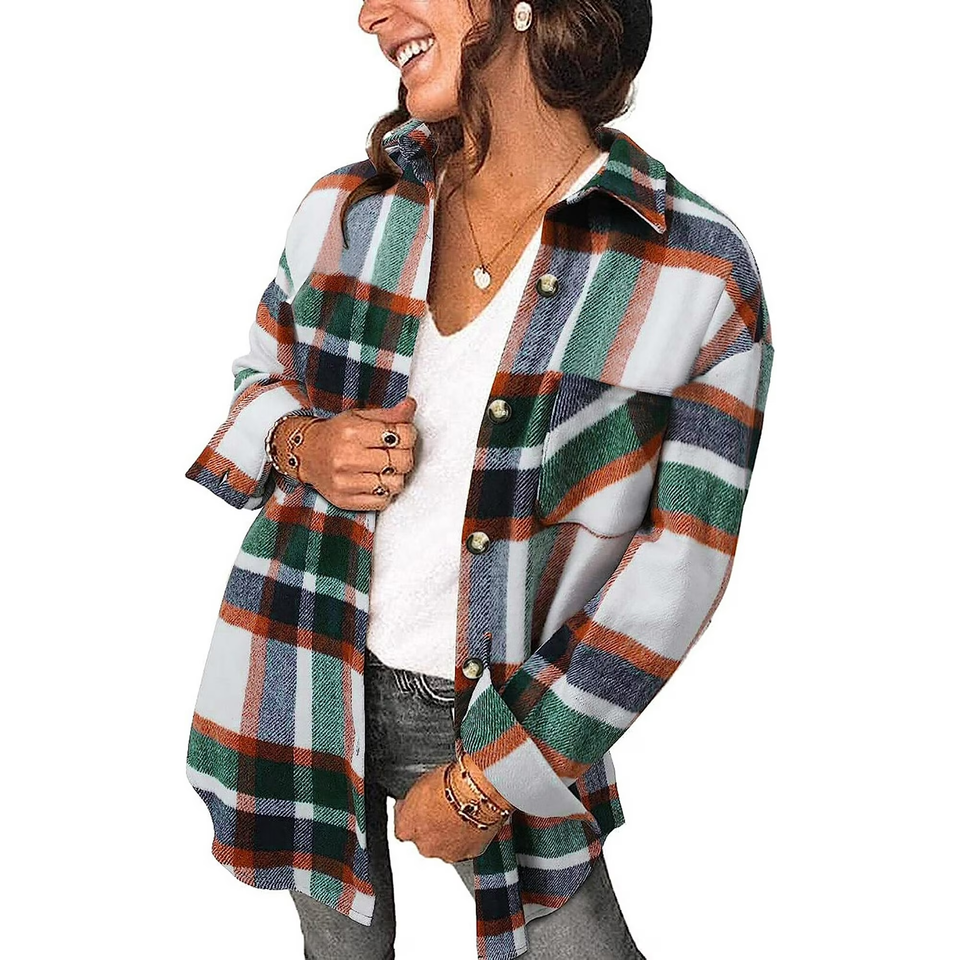 Fantaslook Womens Plaid Shirts Flannel Shacket Jacket Long Sleeve Button Down Shirts Blouses Tops