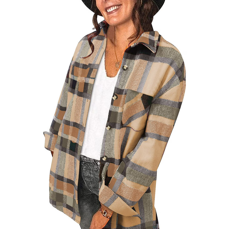 Fantaslook Womens Plaid Shirts Flannel Shacket Jacket Long Sleeve Button Down Shirts Blouses Tops