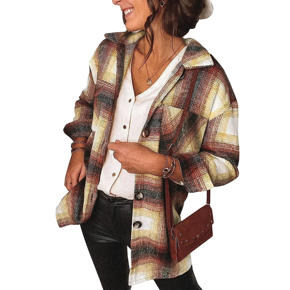 Fantaslook Womens Plaid Shirts Flannel Shacket Jacket Long Sleeve Button Down Shirts Blouses Tops
