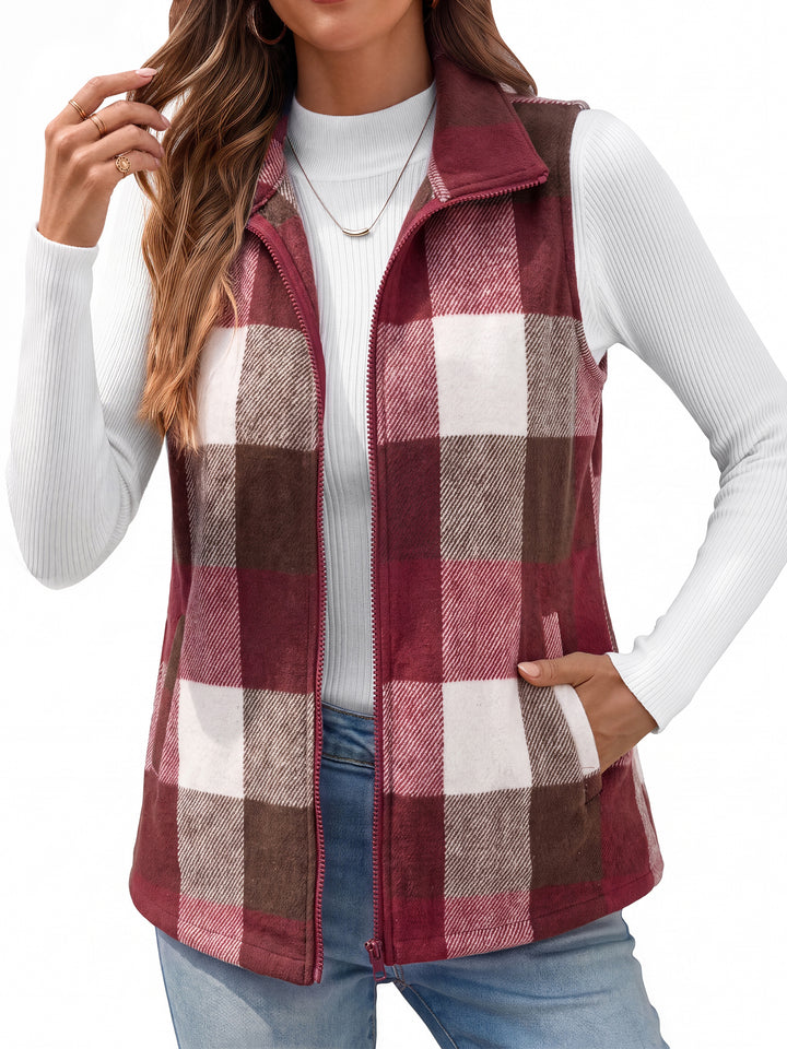 Fantaslook Women Plaid Outwear Vest Lightweight Sleeveless Jackets Zipper Fall Winter Coats with Pockets