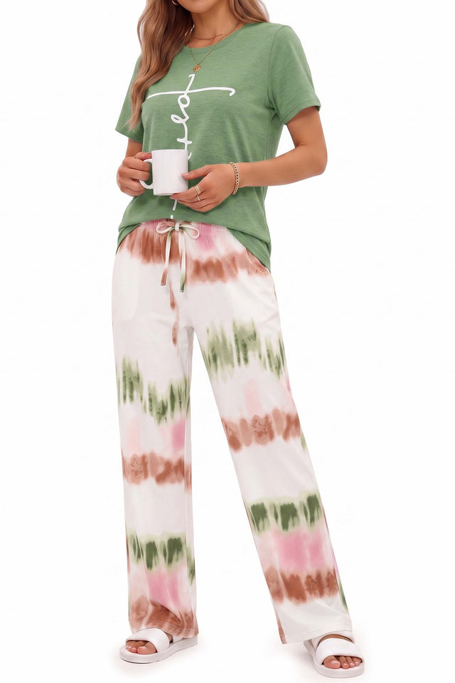 Fantaslook Womens Pajamas Sets Crewneck Short Sleeve Printed 2 Piece Outfits Set Tie Dye Casual Loungewear with Pockets