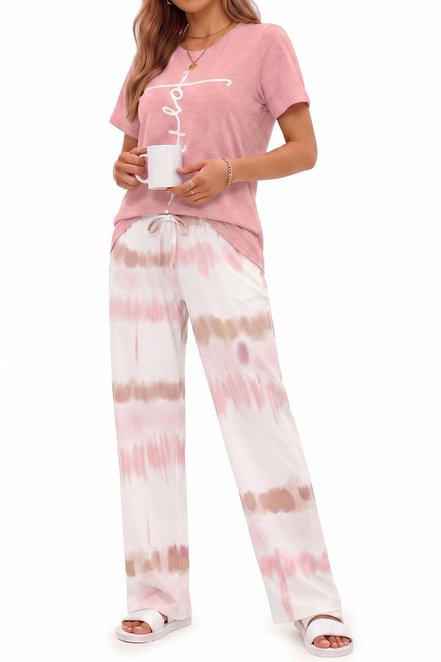 Fantaslook Womens Pajamas Sets Crewneck Short Sleeve Printed 2 Piece Outfits Set Tie Dye Casual Loungewear with Pockets