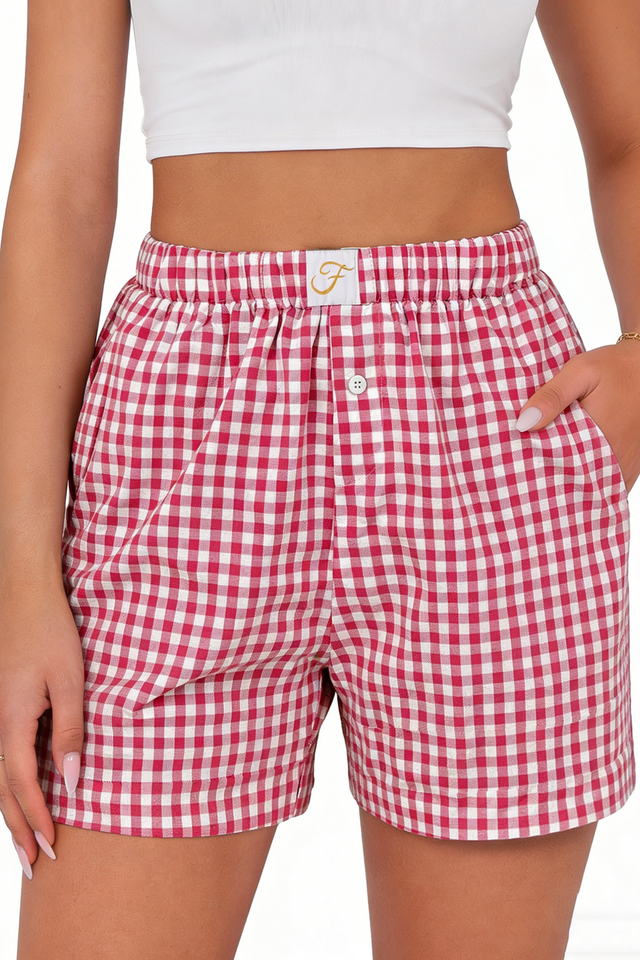 Fantaslook Plaid Shorts for Women Button Gingham Shorts Summer Lounge Boxers Beach Shorts Pants with Pocket