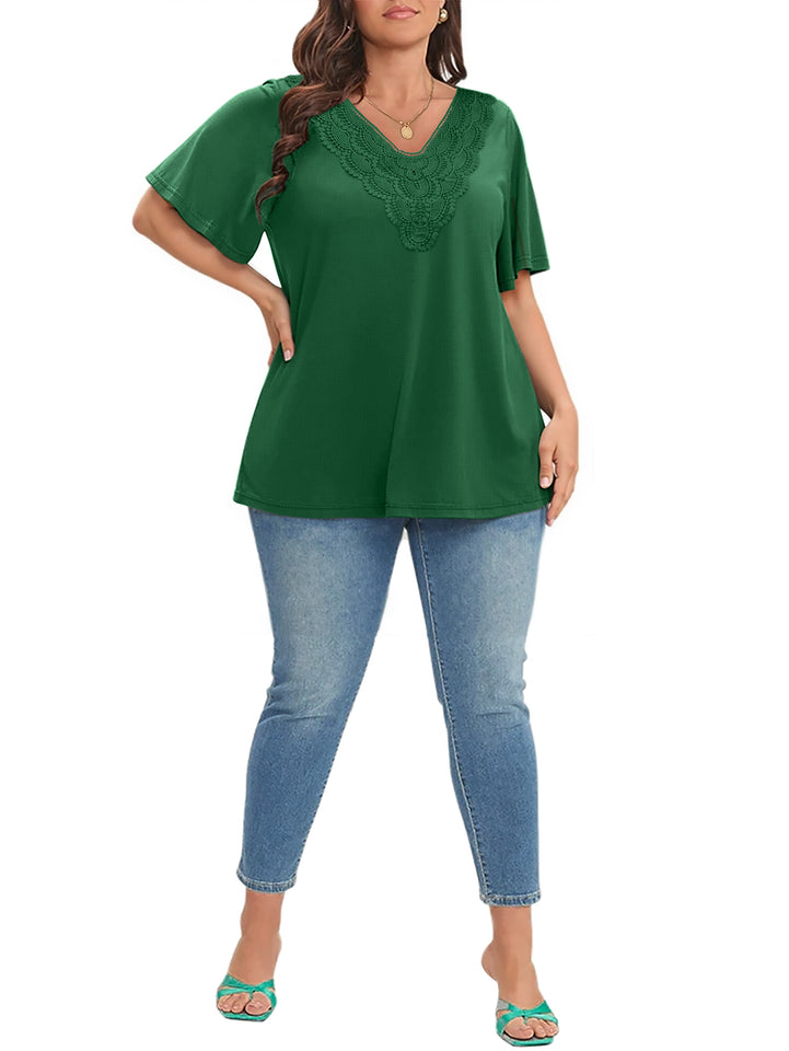 WellSize Women Plus Size Tops Dressy Lace V Neck Shirts Casaul Short Sleeve Tunic Blouses