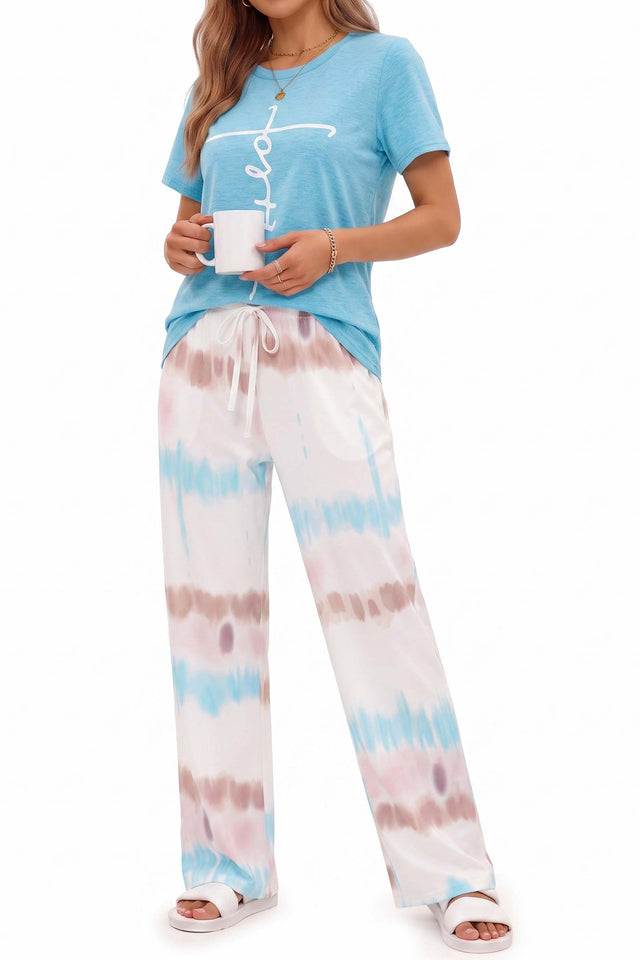 Fantaslook Womens Pajamas Sets Crewneck Short Sleeve Printed 2 Piece Outfits Set Tie Dye Casual Loungewear with Pockets
