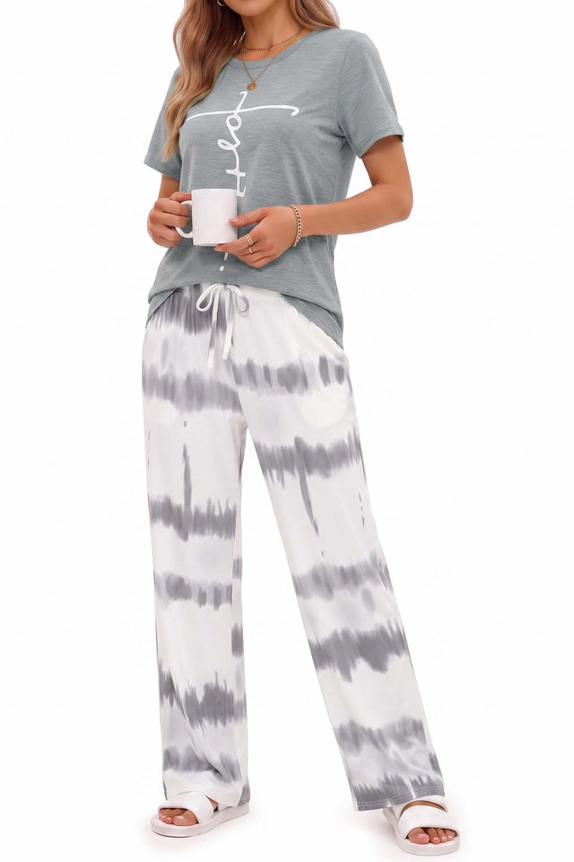 Fantaslook Womens Pajamas Sets Crewneck Short Sleeve Printed 2 Piece Outfits Set Tie Dye Casual Loungewear with Pockets