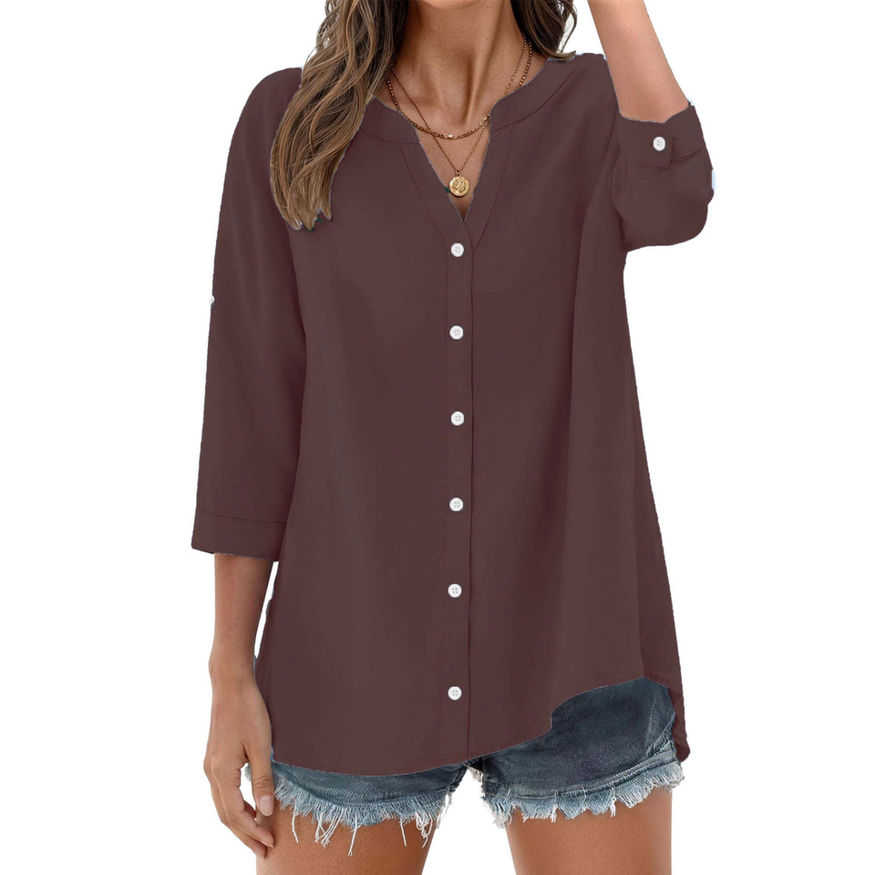 Fantaslook Womens 3/4 Sleeve Button Down Shirts V Neck Roll Up Sleeve Tops Cotton Linen Casual Summer Blouses Shirts