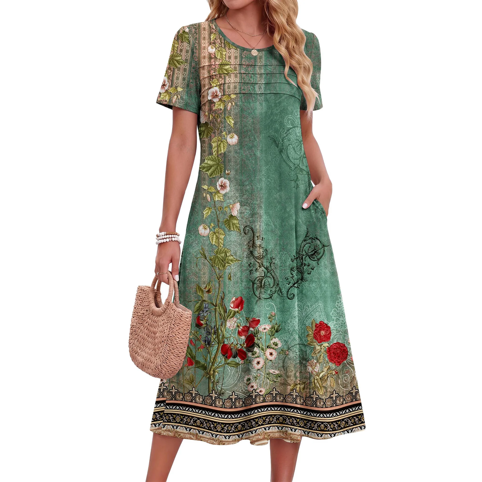 Fantaslook Pleated Summer Dresses for Women Short Sleeve A Line Midi Dress Flowy Floral Sundress Casual Dress with Pockets