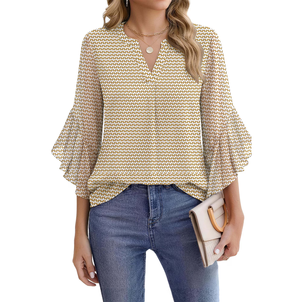 Fantaslook Blouses for Women 3/4 Ruffle Sleeve Summer Tops V Neck Business Work Blouse Dressy Casual Shirts