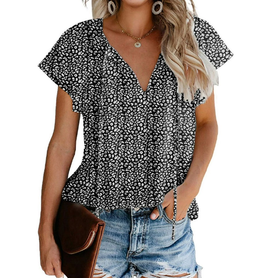 Fantaslook Blouses for Women Floral Print V Neck Ruffle Short Sleeve Shirts Casual Summer Tops