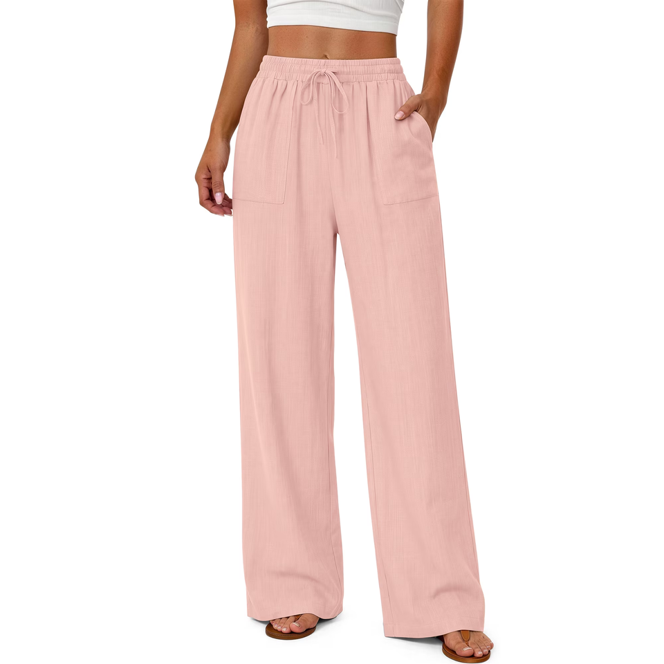 Fantaslook Linen Wide Leg Pants for Women Flowy Palazzo Drawstring Elastic Waist Trousers with Pockets Summer Beach Vacation Clothes