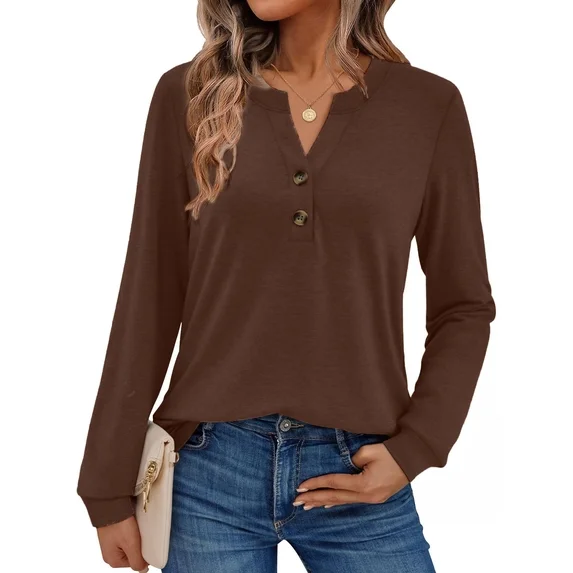 Fantaslook V Neck Henley Blouses for Women Dressy Fall Tops Long Sleeve Shirts Fashion Clothes