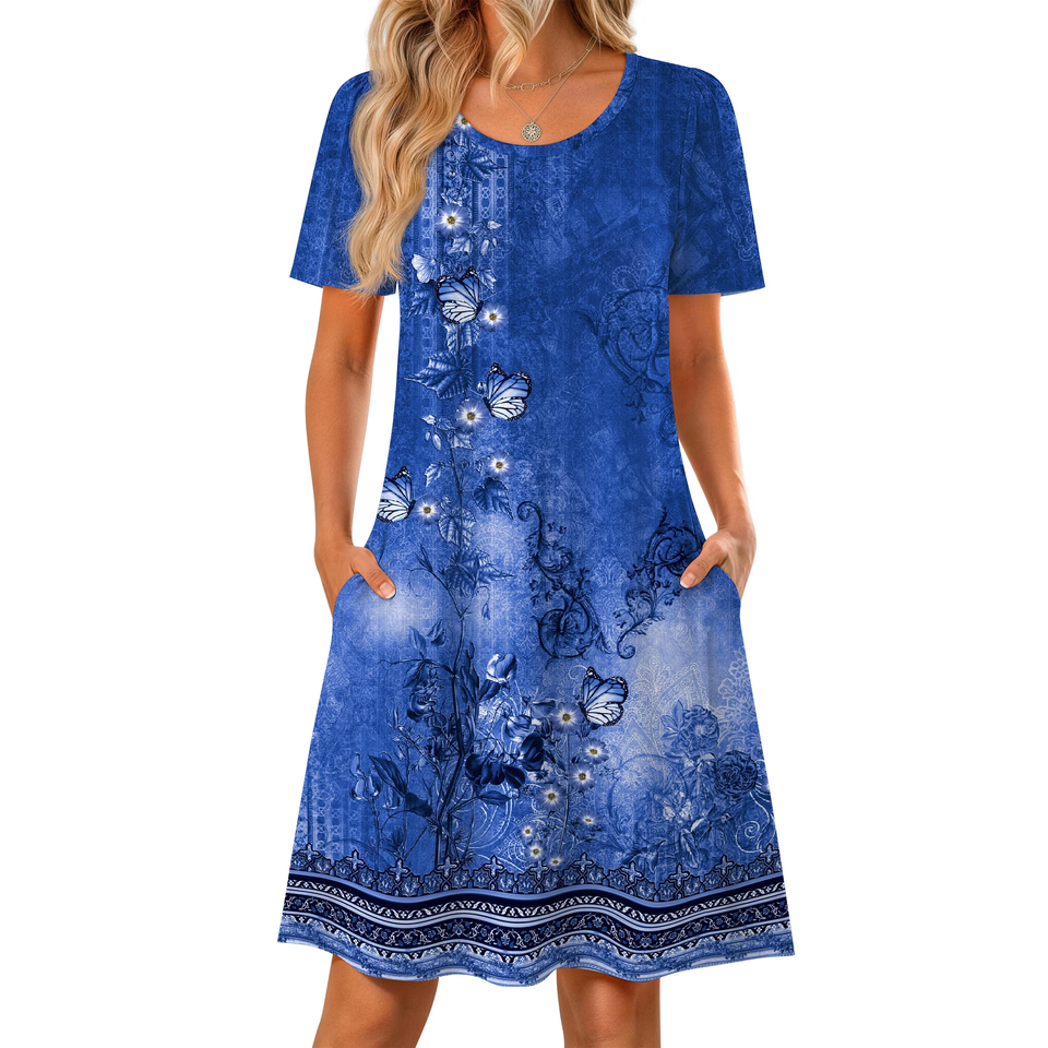 Fantaslook Boho Summer Dresses for Women Casual Short Sleeve T Shirt Dress with Pockets Beach Vacation Clothes