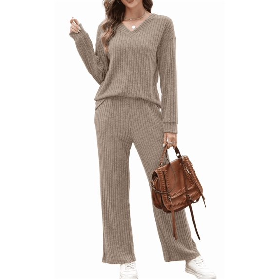 Fantaslook Two Piece Lounge Sets for Women Vacation Travel Fall Outfits V Neck Tops Wide Leg Pants Matching Sets Women Clothing