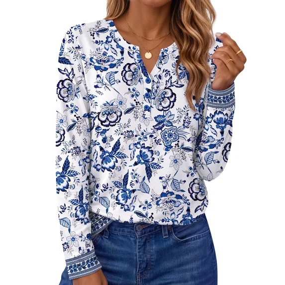 Fantaslook Henley Long Sleeve Shirts for Women Casual V Neck Fall Tops Dressy Work Blouses