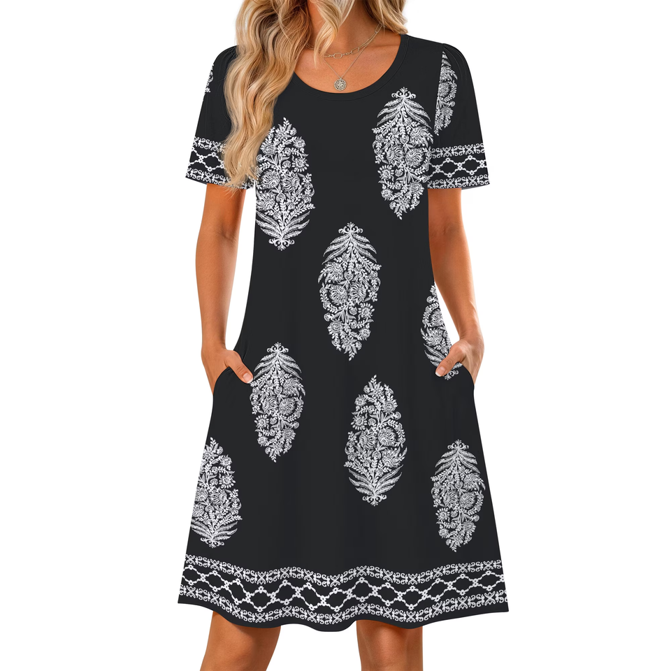 Fantaslook Boho Summer Dresses for Women Casual Short Sleeve T Shirt Dress with Pockets Beach Vacation Clothes