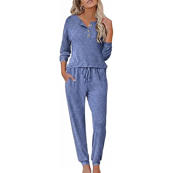 Fantaslook Womens Pajamas Sets Long Sleeve Matching Lounge Set Fall Travel Outfits Jogger Sweatsuits with Pocket Button Down Sleepwear