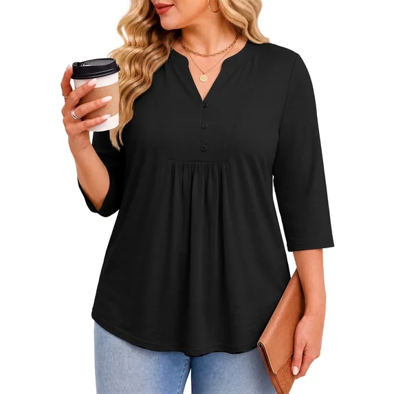 Fantaslook 3/4 Sleeve Plus Size Tops for Women Henley V Neck Button Blouses Dressy Floral Tunic Work Shirts L-5XL