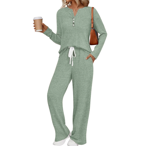 Fantaslook Two Piece Lounge Sets for Women Fall Travel Outfits Henley Neck Sweater tops Wide Leg Pants Matching Sets Pajamas Clothes
