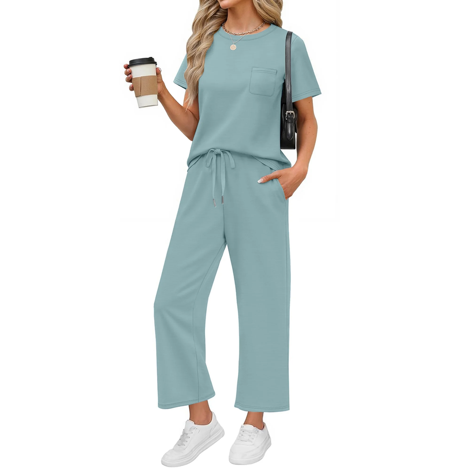 Fantaslook 2 Piece Sets for Women Casual Summer Travel Vacation Outfits Short Sleeve Tops Wide Leg Pants Lounge Sets