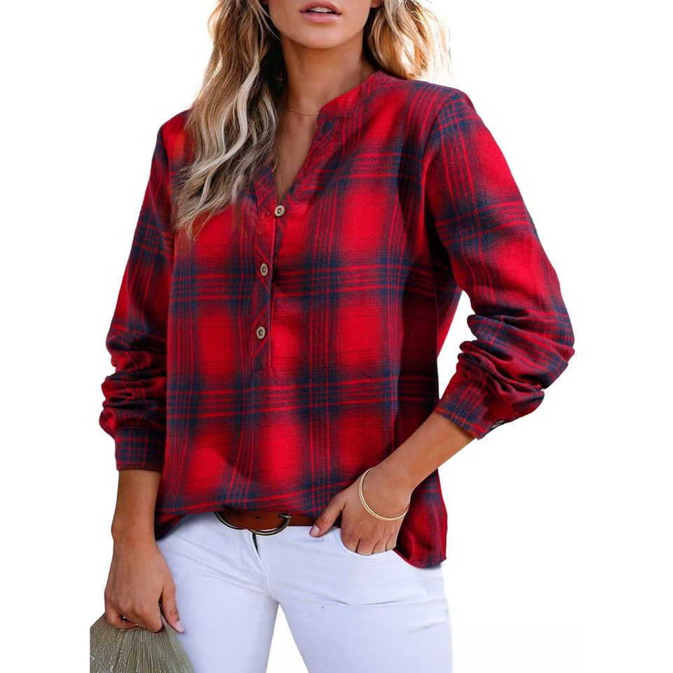 Fantaslook Womens Plaid Shirts Flannel Button Down Shirts Business Casual Long Sleeve Tops Dressy V Neck Blouses