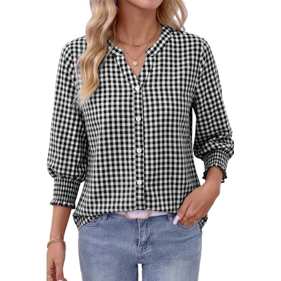 Fantaslook Plaid Button Down Shirts for Women V neck 3/4 Sleeve Shirt with Smocked Cuffs Dressy Cotton Blouses Tops