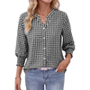 Fantaslook Plaid Button Down Shirts for Women V neck 3/4 Sleeve Shirt with Smocked Cuffs Dressy Cotton Blouses Tops