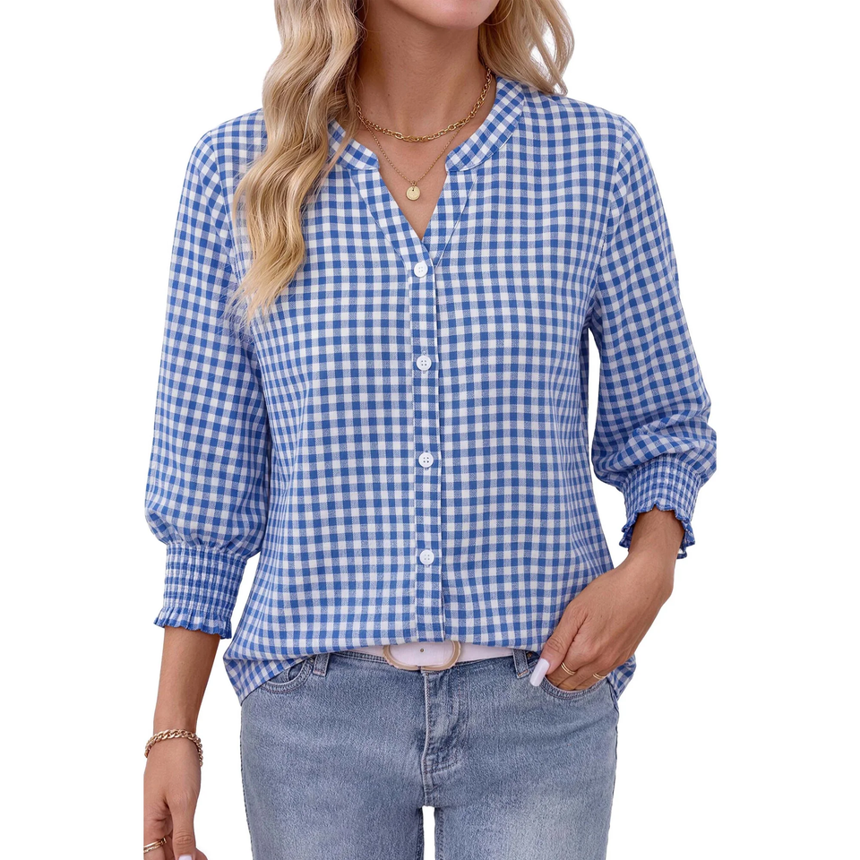 Fantaslook Plaid Button Down Shirts for Women V neck 3/4 Sleeve Shirt with Smocked Cuffs Dressy Cotton Blouses Tops