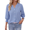 Fantaslook Plaid Button Down Shirts for Women V neck 3/4 Sleeve Shirt with Smocked Cuffs Dressy Cotton Blouses Tops