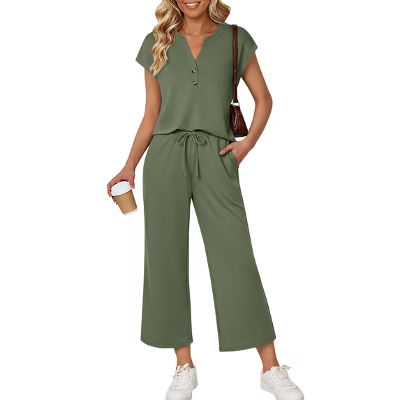Fantaslook Two Piece Lounge Sets for Women Vacation Travel Outfits Dressy Casual V Neck Short Sleeve Tops Wide Leg Pants Fashion Outfits