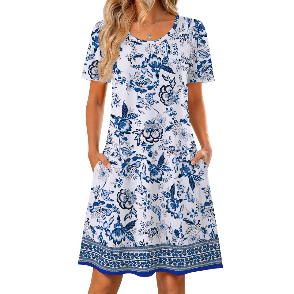 Fantaslook Boho Summer Dresses for Women Casual Short Sleeve T Shirt Dress with Pockets Beach Vacation Clothes