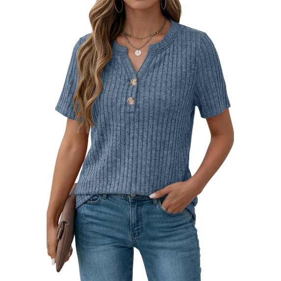 Fantaslook V Neck Tops for Women Short Sleeve Henry Shirts with Button Dressy Casual Summer Blouses Tops
