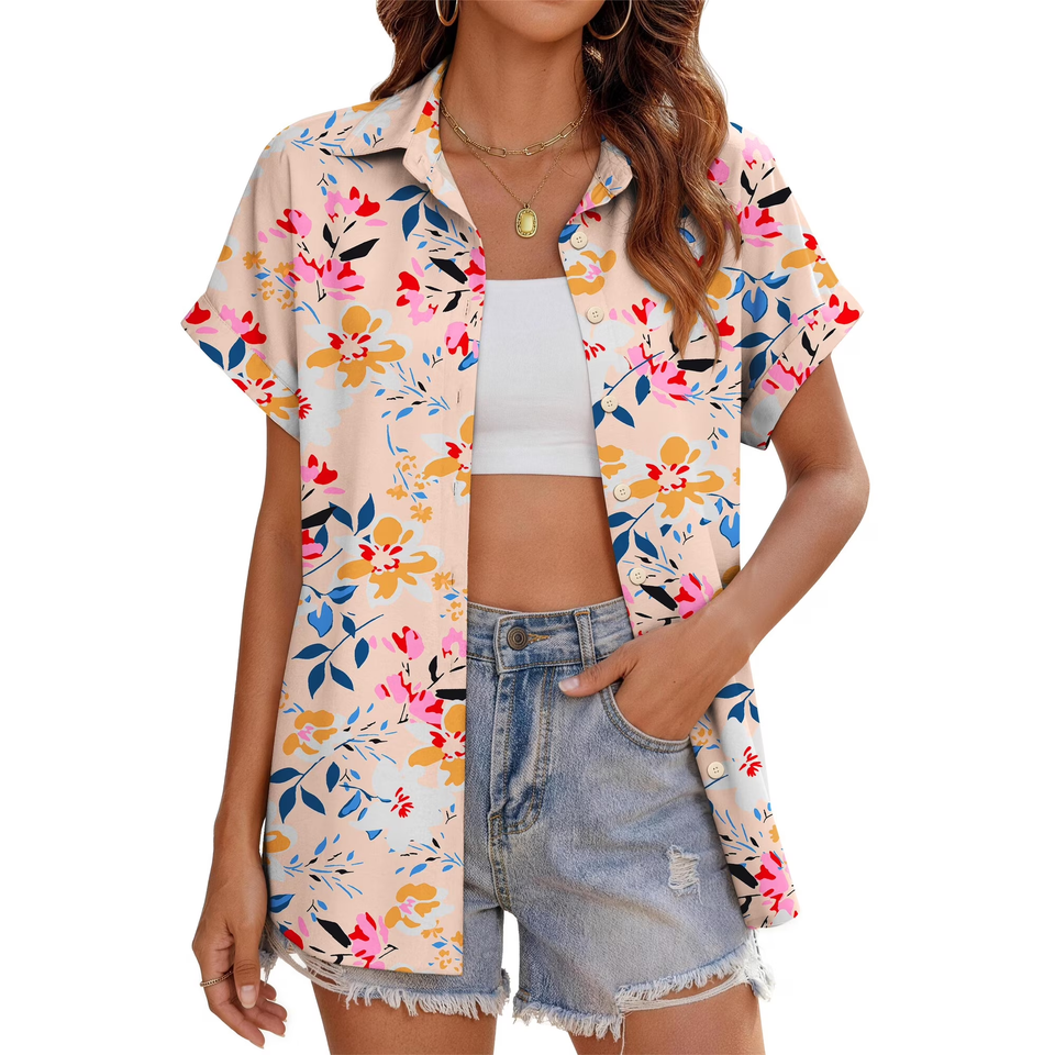 Fantaslook Hawaiian Button Down Shirts for Women Casual Short Sleeve Floral Print Blouses Summer Tops