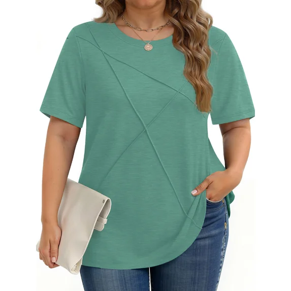 Fantaslook Women Plus Size Tops Pleated Crewneck Short Sleeve Shirts Casual Summer Tops
