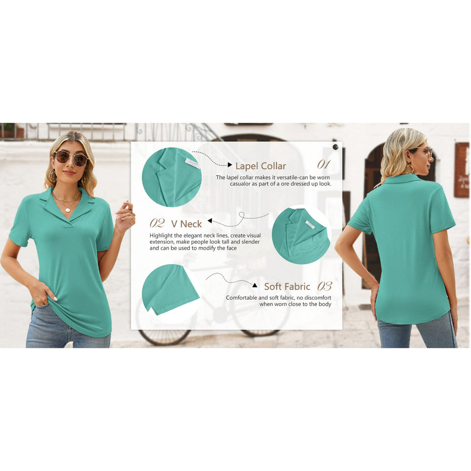 Rosvigor Womens Tops Short Sleeve Polo Shirts for Women V Neck Blouses Summer Tunics with Collar