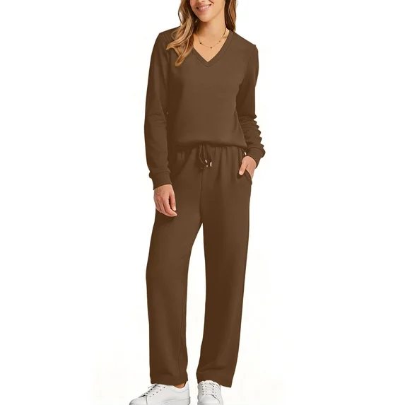 Fantaslook Two Piece Sets for Women Fall Outfits Long Sleeve Tops Wide Leg Pants Lounge Matching Sets Vacation Travel Outfits