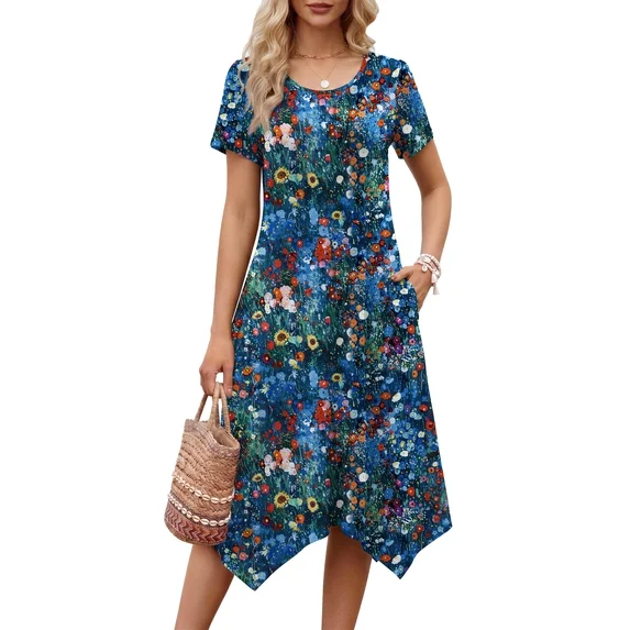 Fantaslook Plus Size Dresses for Women Floral Asymmetrical Hem Dress Summer Sundresses with Pockets