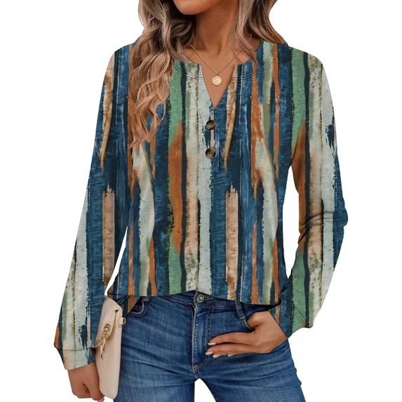 Fantaslook V Neck Henley Blouses for Women Dressy Fall Tops Long Sleeve Shirts Fashion Clothes