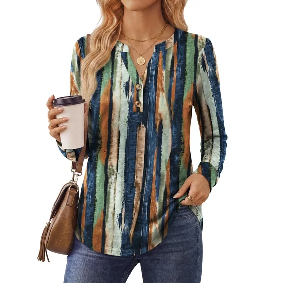Fantaslook V Neck Henley Blouses for Women Dressy Fall Tops Long Sleeve Shirts Fashion Clothes