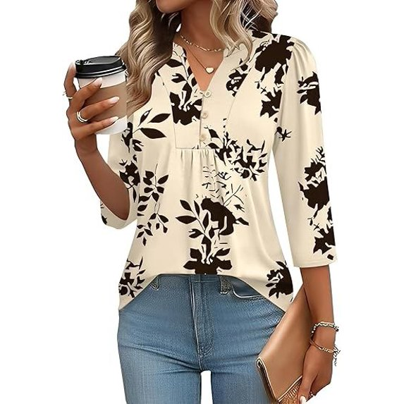 Fantaslook 3/4 Sleeve Plus Size Tops for Women Henley V Neck Button Blouses Dressy Floral Tunic Work Shirts L-5XL