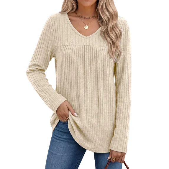 Fantaslook Long Sleeve Shirts for Women V Neck Lightweight Sweaters Casual Fall Tunic Tops Fashion Spring Clothes