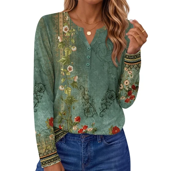 Fantaslook Henley Long Sleeve Shirts for Women Casual V Neck Fall Tops Dressy Work Blouses
