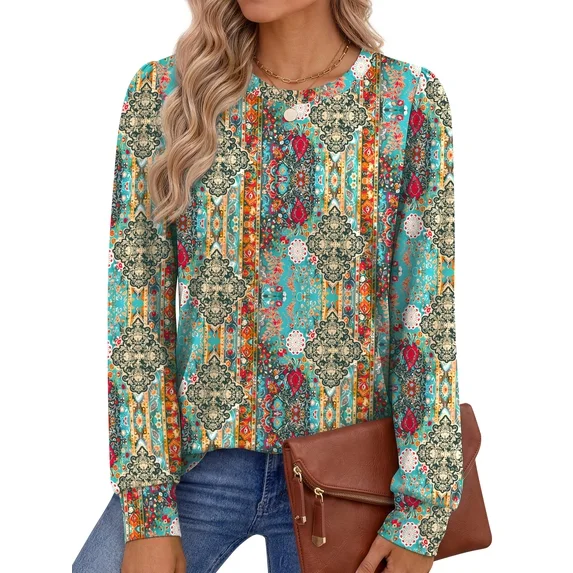 Fantaslook Womens Long Sleeve Shirts Fall Tunic Tops Casual Crewneck Floral Blouses