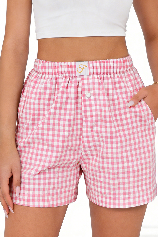 Fantaslook Plaid Shorts for Women Button Gingham Shorts Summer Lounge Boxers Beach Shorts Pants with Pocket