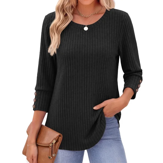 Fantaslook Womens 3/4 Sleeve Shirts with Buttons Dressy Casual Blouses Tunic Tops Fall Clothes