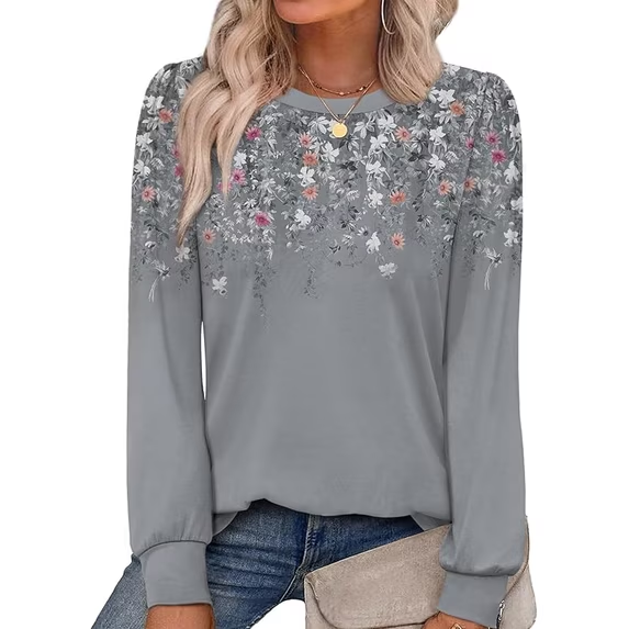 Fantaslook Plus Size Womens Long Sleeve Shirts Fall Tunic Tops Casual Crewneck Floral Blouses